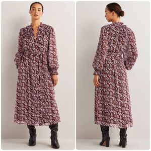 BODEN Ruffle Yoke Midi Shirt Dress Floral Long Sleeve Chiffon Dress Size 4